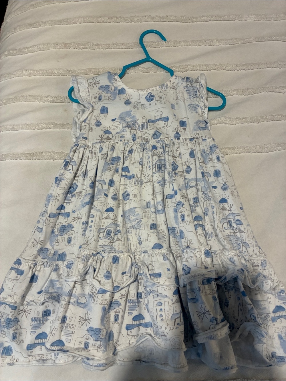 Burt's Bees White and Light Blue Village Print Ruffle Nightgown